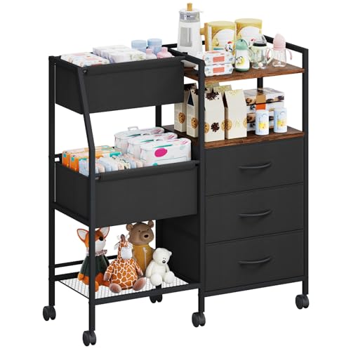 Somdot Baby Diaper Caddy Organizer 3-Tier Rolling Cart Black Rustic Brown