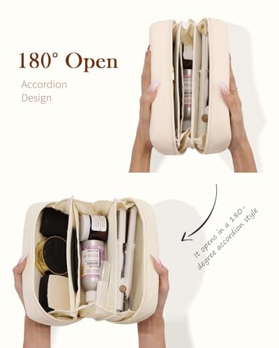 Large Beige Makeup Bag with Divider - Travel Organizer Purse for On-the-Go