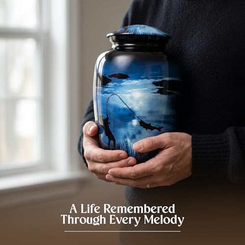 Fishing Urn for Human Ashes - Large Blue Cremation Memorial with Velvet Bag & Funnel - Variation: Large Fishing