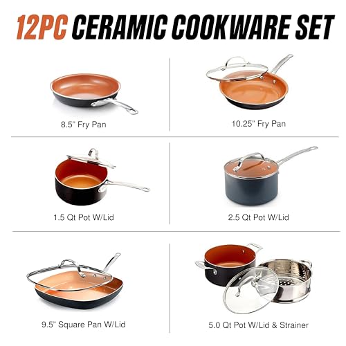 12 Piece Nonstick Titanium Ceramic Cookware Set with Steamer - Gotham Steel