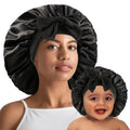 2 PCS Mommy and Me Bonnet Set, Silk and Satin Bonnets for Sleeping with Elastic Tie Band, Adjustable Hair Bonnets for Women, Girls, Kids and Toddlers (Black)