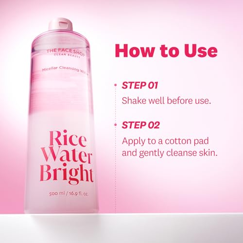 The Face Shop Rice Water Bright Micellar Water, Hydrating Face Cleanser and Makeup Remover, with Rice Active Complex¢â, Gentle for Sensitive Skin, 16.9 fl. oz