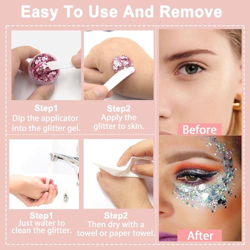 Boko 6pcs Body Glitter Gel, Sparkle Pink Chunky Glitter Gel for Face Hair Body Glitter Makeup, Mermaid Face Glitter Sequins for Festival Music Concert Party Themed Makeup Rave Accessories