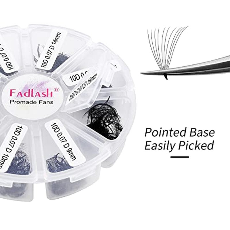 FADLASH 1000 Fans 10D Premade Volume Eyelash Extensions Mixed Tray Premade Fans Eyelash Extensions D Curl Premade Lash Fans Pointed Handmade Promade Loose Fans Thin Base (10D-0.07D,9-16mm)