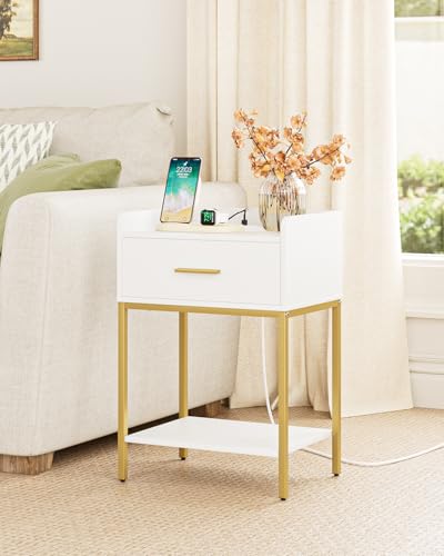 Nightstand with Charging Station - White & Gold Bedside Table with Drawer & Open Shelf - Variation: White-Outlet
