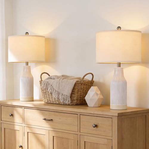 Vortether 23.75" Cream Ceramic Bedside Lamps Set of 2 - Modern Farmhouse Style
