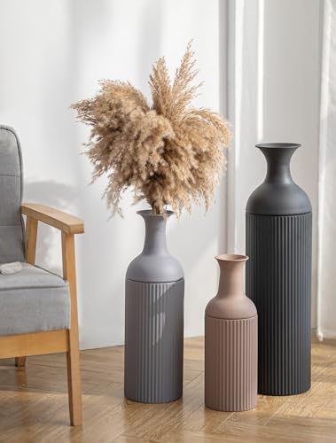 Sziqiqi Earth Tone Tall Metal Floor Vase Set - Large Ribbed Standing Decor, 3-Piece