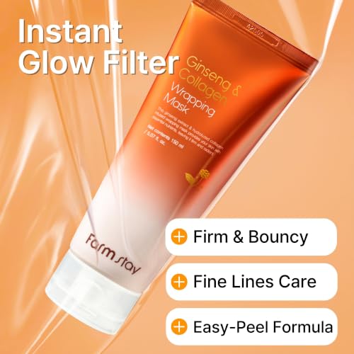 FARMSTAY Ginseng & Collagen Wrapping Mask for Glass Skin – Hydrating Peel-Off Face Mask with Brush, Night Facial Skincare, 5.07 fl oz