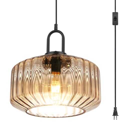 Amber Glass Plug-in Pendant Light with 14.7ft Cord & On/Off Switch - Modern Hanging Lamp for Living Room & Kitchen