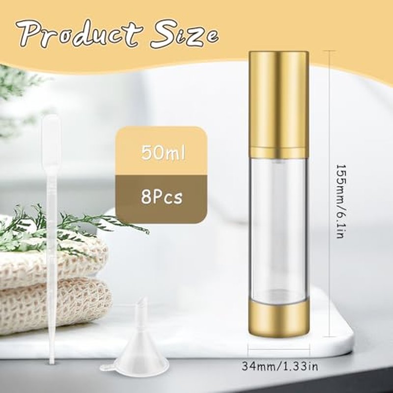 8 Pcs 50ml/1.7oz Empty Airless Pump Bottles without Straw Plastic Vacuum Bottle Refillable Cosmetic Containers for Lotion Cream Foundation,1Funnel & 1 Pipette,Golden Head