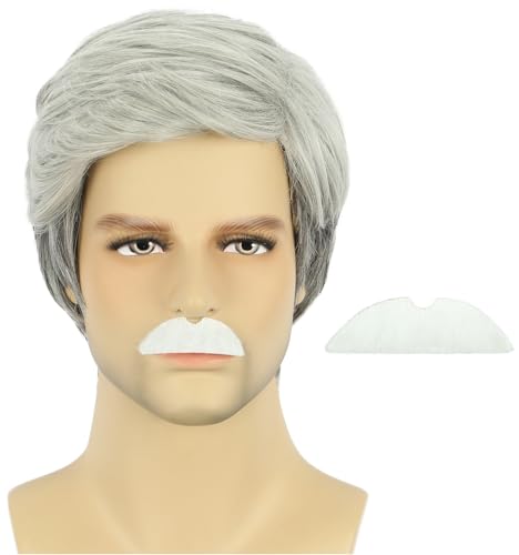 Grandpa Old Man Short Grey White Wig with Mustache - White Variation