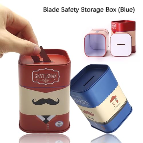 Safety Razor Blade Disposal Case, Used Double Edge Razor Blade Disposal Container, Gentleman Style Detachable Razor Blade Bank with Red Beard Pattern for Salon and Barber Shop (Blue)