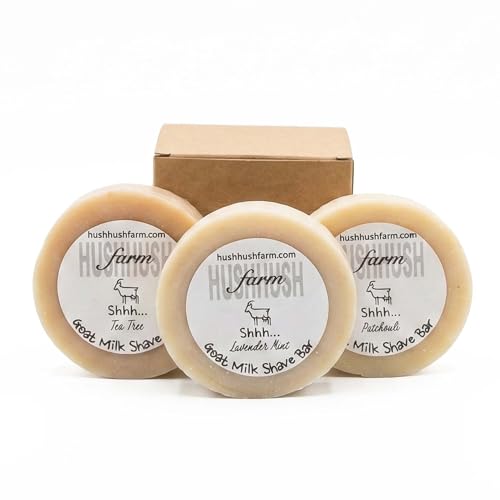 HushHush Farms Shaving Soap for Men | Handmade with Goat Milk, Olive Oil & Cocoa Butter | Plastic-Free & Moisturizing Shave Soaps | Pack of 3 (Patchouli, Tea Tree, Lavender Mint)