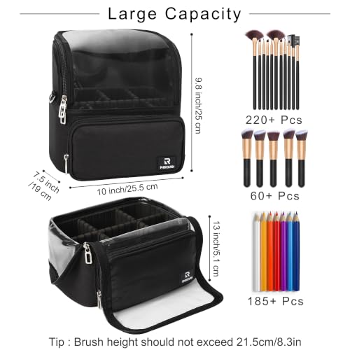 Large Makeup Brush Bag with Adjustable Dividers - Black, X-Large, Travel Friendly