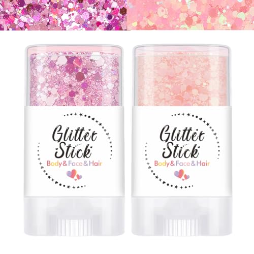 Body Glitter Stick for Face, Body & Hair - Pink & Purple Chunky Sparkle Glitter, 2 Pack | Long Lasting Party Makeup for Festival, Rave, Concert & Cosplay