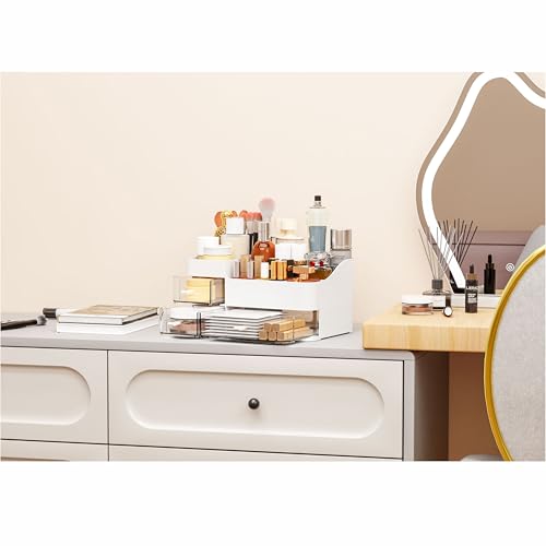 Cq Acrylic White Large Makeup Organizer with 3 Drawers – Countertop Storage for Beauty Products, Brushes, Palettes