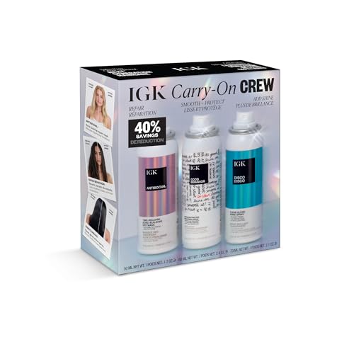 IGK Must Have Travel Kit Holiday 2025 ? Includes GOOD BEHAVIOR Smoothing Spray, DISCO DISCO Shine Spray & ANTISOCIAL Dry Hair Mask ? TSA Approved Travel Size Hair Essentials