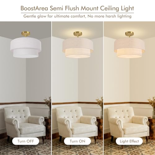 Semi Flush Ceiling Light 16.5'' with Linen Shade - Gold & Beige Variation