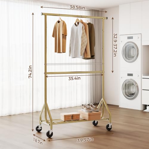 Heavy Duty Clothes Rack with Double Rod - Adjustable Freestanding Garment Organizer, Rolling Wardrobe, Gold