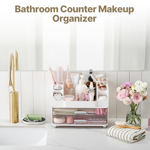 White Makeup Organizer with 2 Drawers & Brush Holders - Vanity Storage