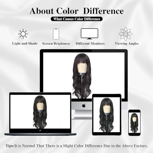 Black Wig for Women 26 Inch Synthetic Wavy Hair with Bangs - Cosplay & Daily Wear