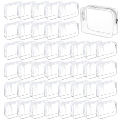 Tergy 50 Packs Clear Cosmetics Bags for Women Men Waterproof Toiletry Bags PVC Makeup Bags Organizer Case with Zipper for Travel Bathroom (50 White)
