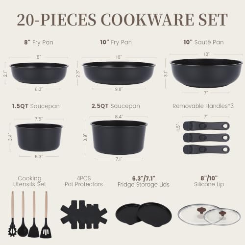 Chefocus 20-Piece Ceramic Nonstick Cookware Set with Detachable Handles, Induction Ready, Space-Saving Stackable