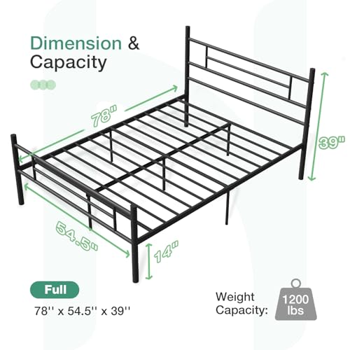 Full Size Metal Bed Frame with Headboard & Footboard - Dark Black, 14 Inch Platform with Under Bed Storage