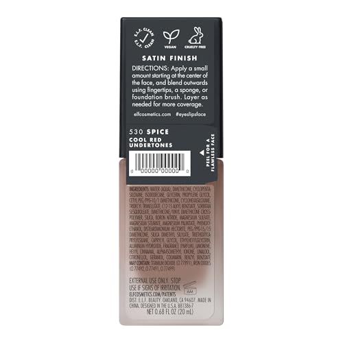e.l.f. Flawless Satin Foundation, Lightweight & Medium Coverage, Semi-Matte Finish, Vegan & Cruelty-Free, Spice, 0.68 Fl Oz (20mL)