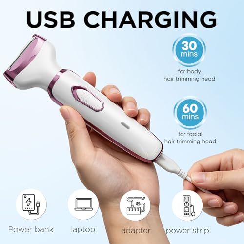 Women’s 2-in-1 Electric Razor & Trimmer Kit - Painless Body & Facial Hair Removal, Rose Gold & White