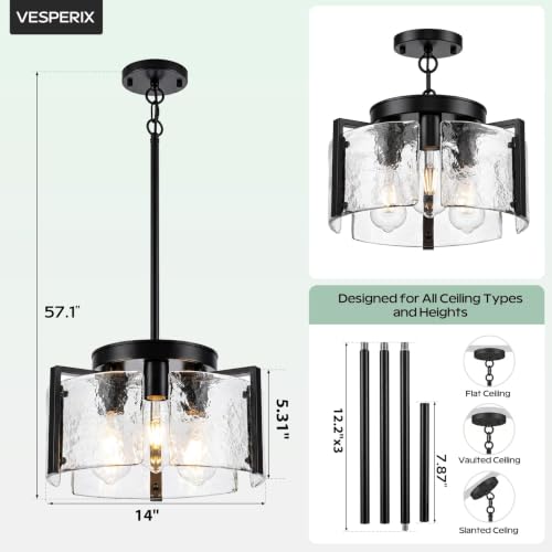 Black 14-Inch 2-in-1 Convertible Pendant & Flush Mount Chandelier - Modern Farmhouse Lighting Fixture for Dining Room, Kitchen, Entryway