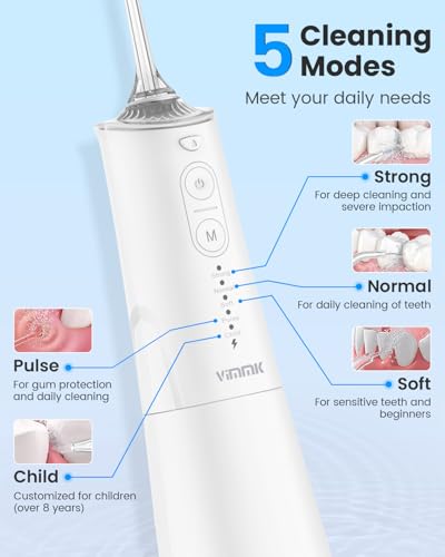 VIMMK White Water Flosser - Cordless Oral Irrigator with 9 Tips, 5 Modes, 300ML Waterproof Battery Operated for Travel & Home