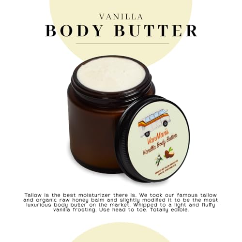 Vanman's Whipped Tallow Vanilla Body Butter 2.9 oz - Organic Shea & Honey Moisturizer - Pack of 1