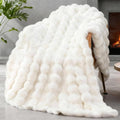Faux Fur Queen Blanket for Couch - Ivory White 90x90cm Cozy Plush Throw