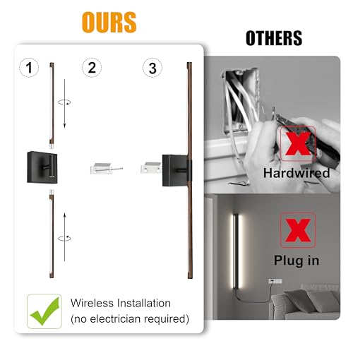 Walnut Black Battery Operated Wall Sconce Set of 2 - 24 Inch with Remote, Dimmable & Adjustable