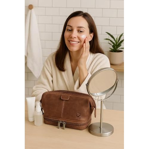 RUSTIC TOWN Leather Toiletry Bag for Men - Travel Gift Shaving Ditty Kit - Bathroom Shower Toiletries Organizer - Cosmetic Makeup Bag for Women