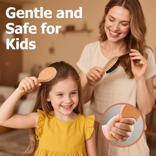 Mini Boar Bristle Travel Hair Brush 5.6 Inch for Women & Kids - Wooden Handle