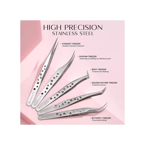 Lash Tweezers for Eyelash Extensions, Lankiz Eyelash Tweezers for Lash Extensions Stainless Steel Straight and Curved Volume Lash Tweezers Set Kit £¨5PCS-SilverH£©
