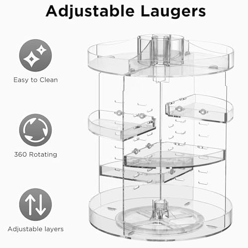 HBlife 360 Rotating Makeup Organizer Plus Size Adjustable Carousel Large Capacity Revolving Perfume Organizer Skincare Organizers Cosmetic Storage Spinning Holder for Vanity, Clear