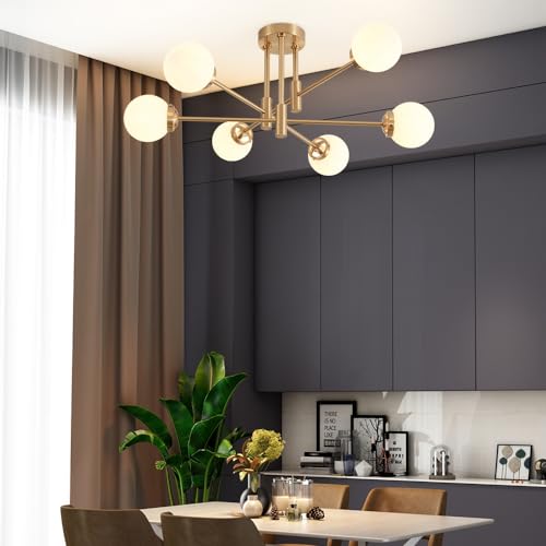 Biewalk Gold 6-Light Sputnik Ceiling Light Fixture with Milk White Glass Shades - Modern Adjustable Chandelier