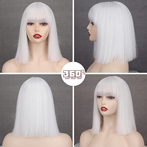 MERISIHAIR Short Bob White Wig with Bangs Silver White Short Wigs for Women Straight Bob White Cospaly Hair Wig for Daily Party Halloween