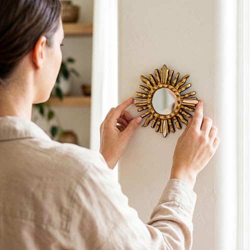 Handmade Small Round Wall Mirror with Bronze Leaf Finish - 6in Sun-Inspired Wood Mirror for Home Decor (Gold)