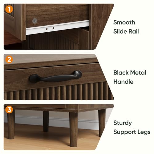 Walnut Fluted Nightstand with 2 Drawers - Mid-Century Modern Bedside Table