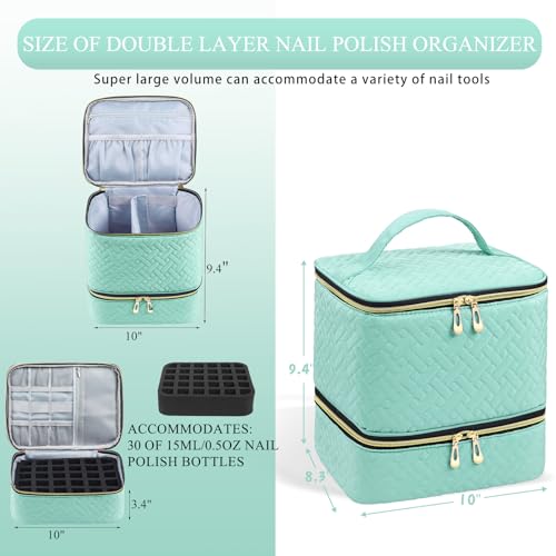 RZMAYIS Light Green Nail Polish & Manicure Organizer Bag - Holds 30 Bottles & Lamp