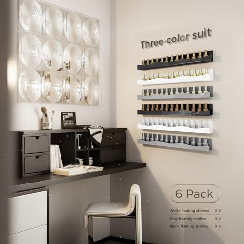 YMVV Monochrome 6 Pack Wall Mounted Nail Polish Racks - 15 Inch Shelves in White Gray Black