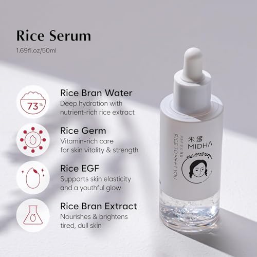 MIDHA Rice Serum, 1.69fl.oz/50ml, Deep hydration, Skin barrier support, Lightweight, Moisture, Radiant, Long-lasting Moisture care, balanced skin appearance, Nourishing