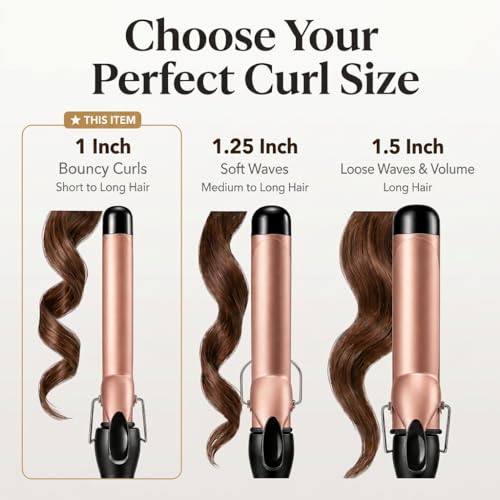 1 Inch Curling Iron with Clamp - Tourmaline Ceramic Hair Curler, 5 Heat Settings, Fast Heating, Dual Voltage, Auto Shut-Off
