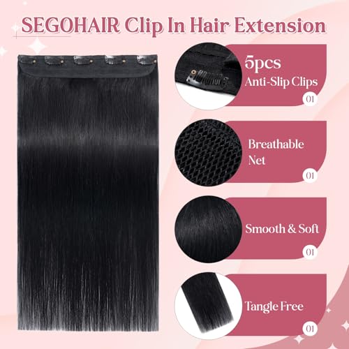 SEGOHAIR 18 Inch Clip In Hair Extensions #01 Jet Black Remy Human Hair Long Straight