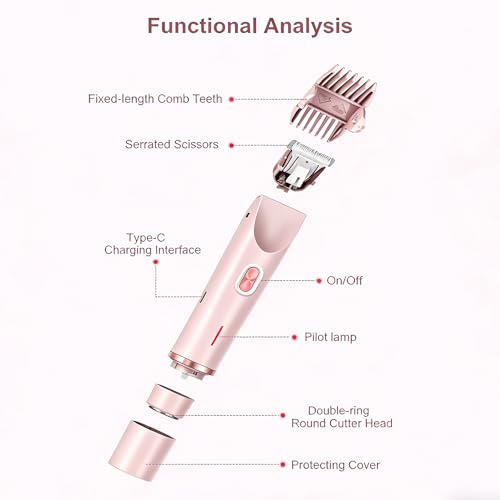 Bikini Trimmer for Women, 2 in 1 Electric Razors, Wet Dry Use, IPX7 Waterproof Rechargeable Bikini Shaver with Ceramic Cutting Head, 120 Min Cordless Runtime, Pink