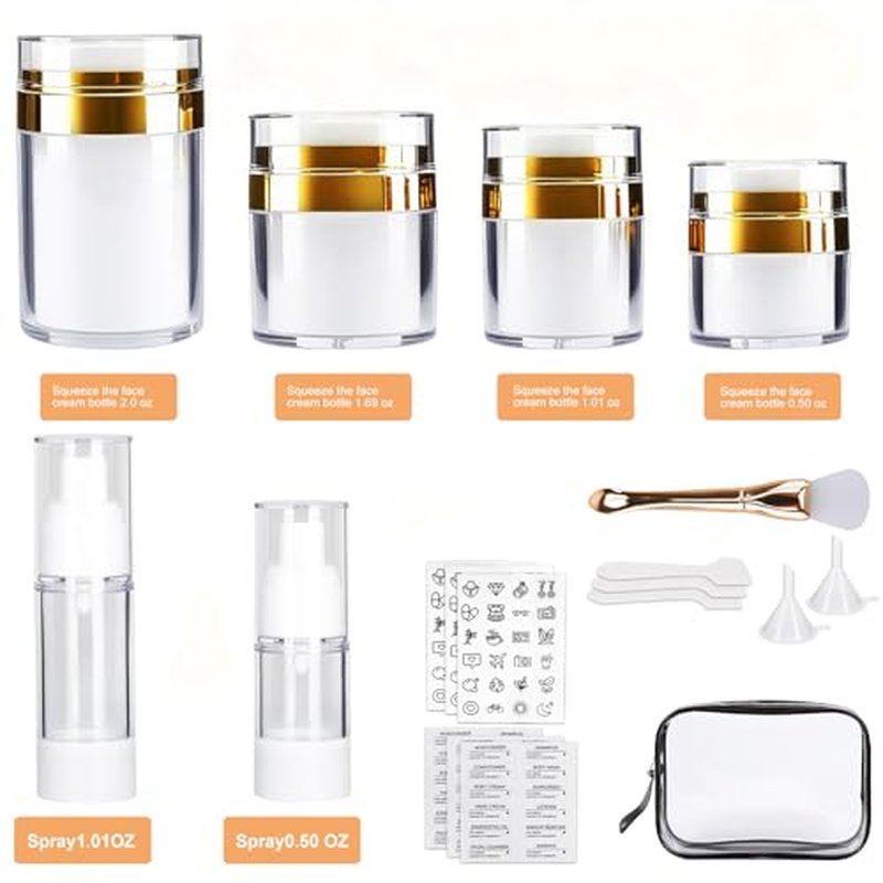 20 Pack Airless Pump Jars Set, 3.34/1.7/1/0.5/oz Refillable Travel Size Containers, Gold Travel Bottles Empty Lotion Container, Glass Jars for Toiletries Moisturizer Container